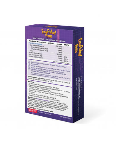 easyVit Omega 3 + Choline Vitamins B6 and B12, Folic Acid For Children EasyFishoil Focus